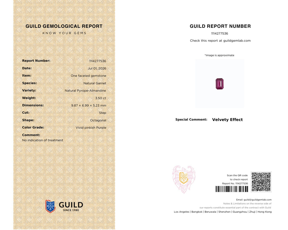 A Gild Gemological Report card showing a certificate layout with a gold patterned left panel containing report details, and a white right panel with report number, a small purple gemstone photo, special comment, barcode, and QR code.