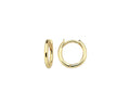 A pair of polished yellow gold huggie hoop earrings shown from side and front angles against a solid white background.