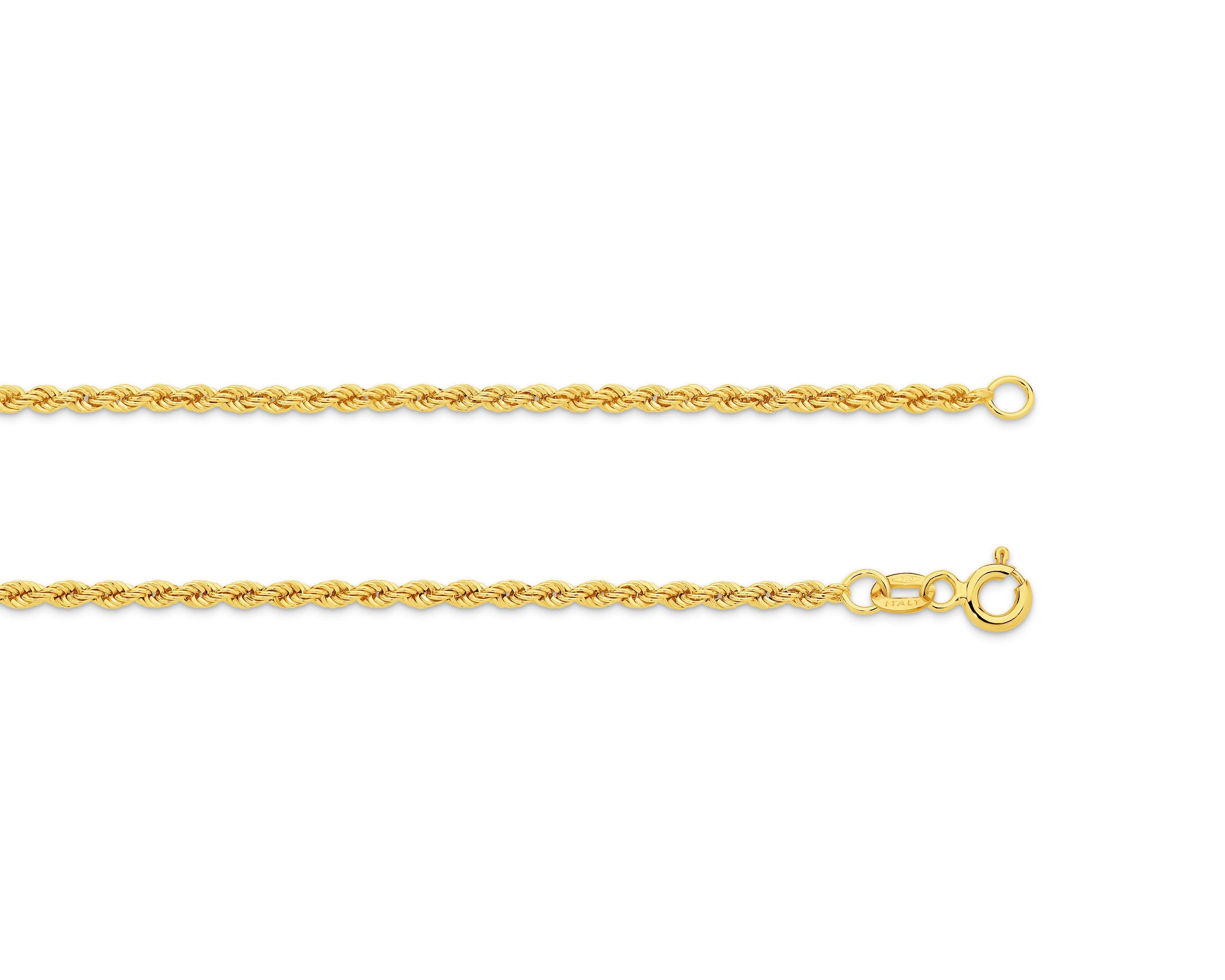 Gold rope chain necklace on a white background