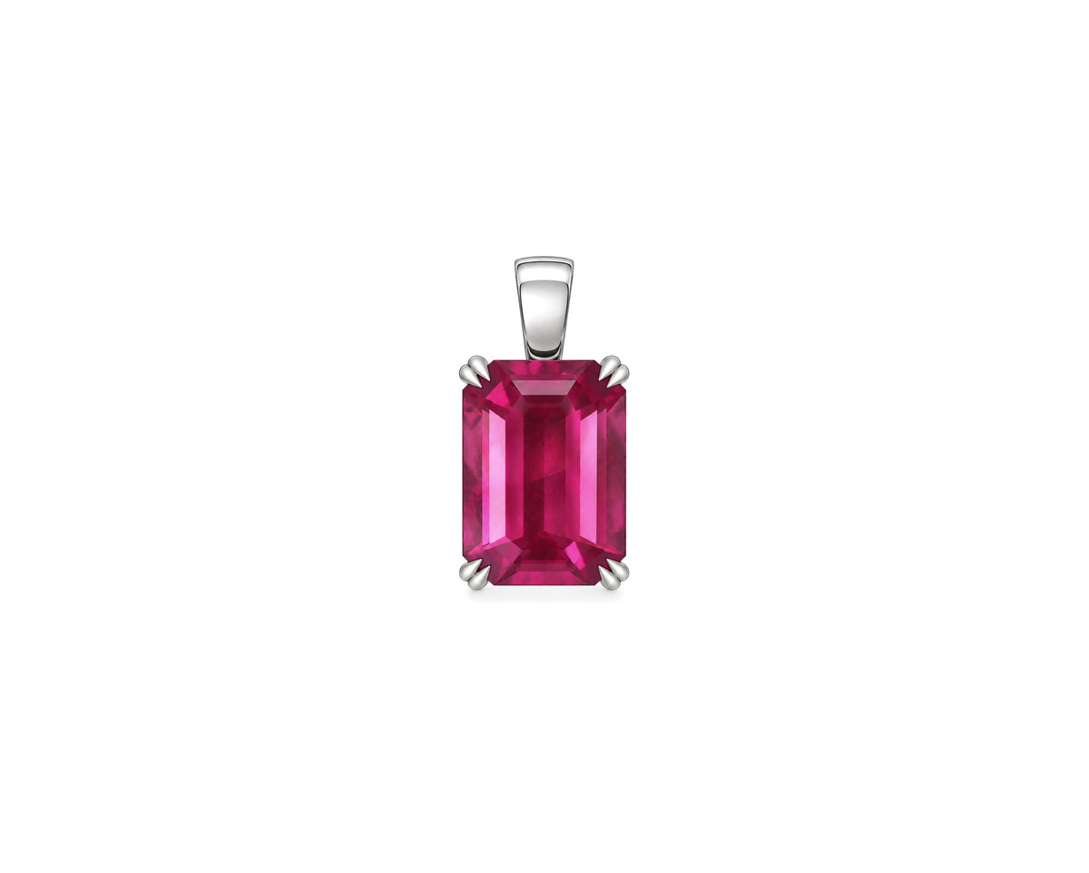 An emerald-cut pink gemstone pendant in a silver-toned four-prong setting, centered on a plain white background.