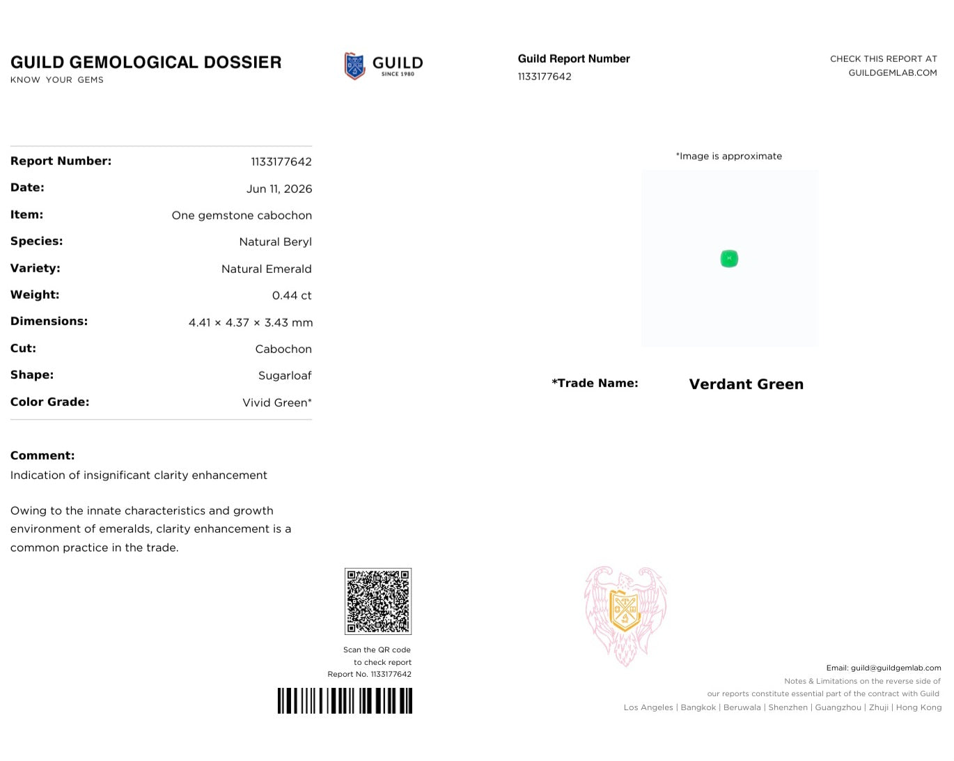 A gemological certificate report form from Guild Gemmology for a cabochon gemstone. The document details the report number 1133776-2, item type, variety, weight, dimensions, and color grade of a 'Verdant Green' gemstone.