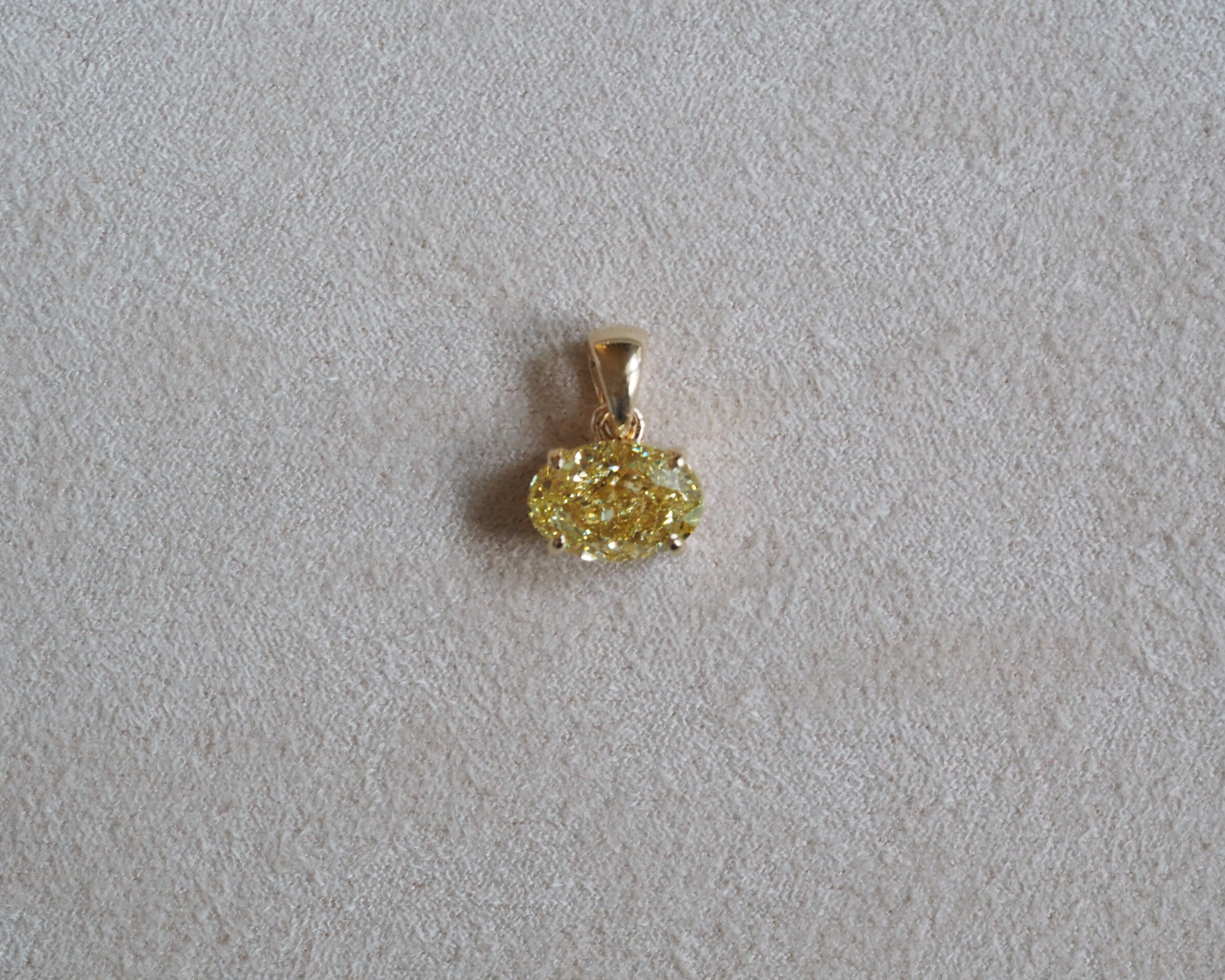 Gold pendant with a yellow gemstone on a light gray background